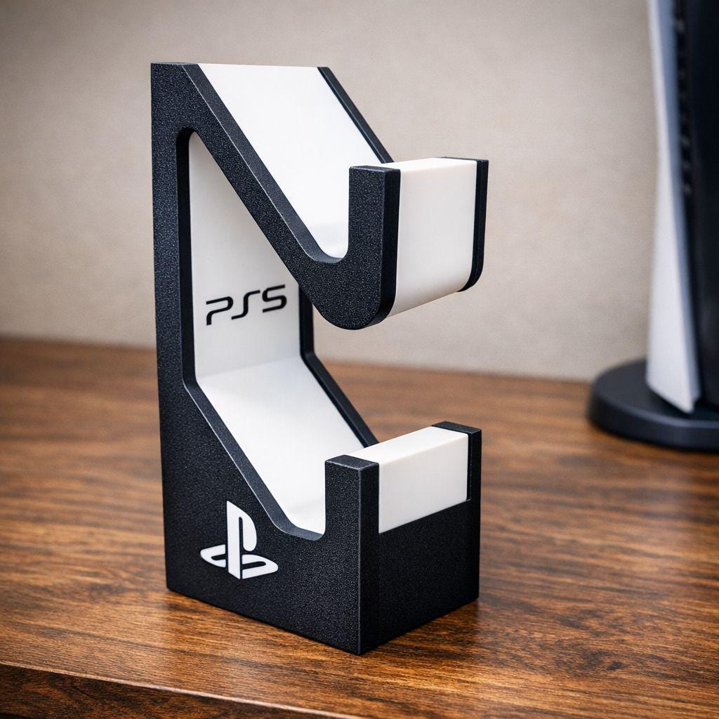 Vertical Stand for 2 PS5 DualSense Controllers | Desk Organizer Gaming Setup | Premium Textured Black Holder with PS Logo