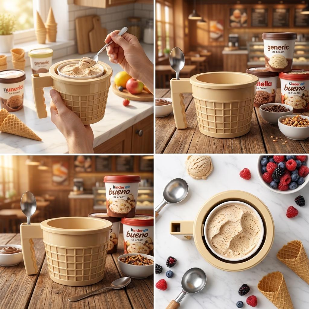Ice Cream Holder for 14oz Cups with Handle, Spoon Slot