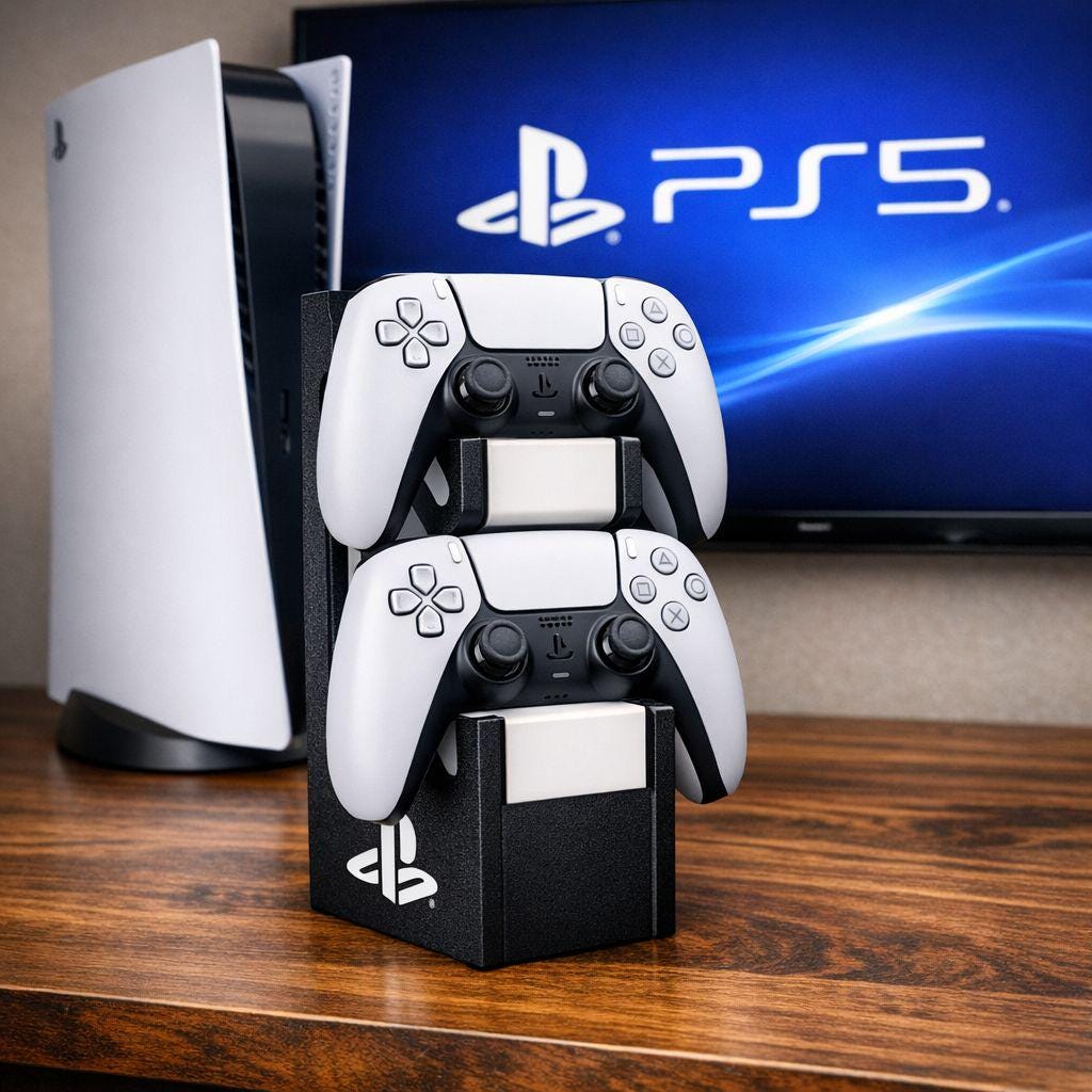 Vertical Stand for 2 PS5 DualSense Controllers | Desk Organizer Gaming Setup | Premium Textured Black Holder with PS Logo