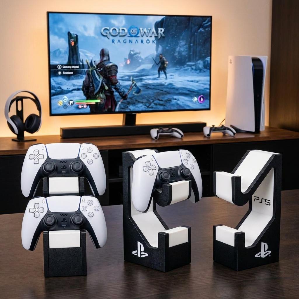 Vertical Stand for 2 PS5 DualSense Controllers | Desk Organizer Gaming Setup | Premium Textured Black Holder with PS Logo