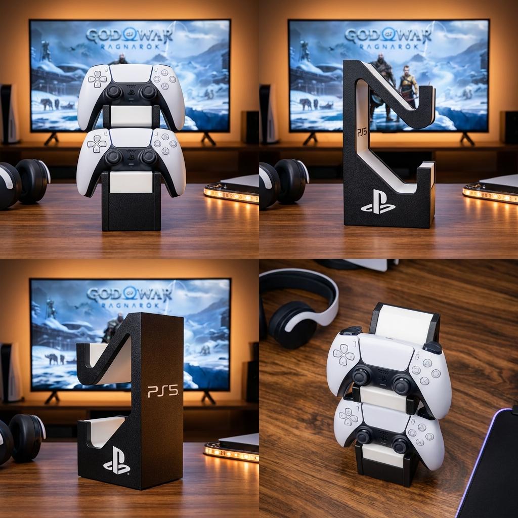 Vertical Stand for 2 PS5 DualSense Controllers | Desk Organizer Gaming Setup | Premium Textured Black Holder with PS Logo