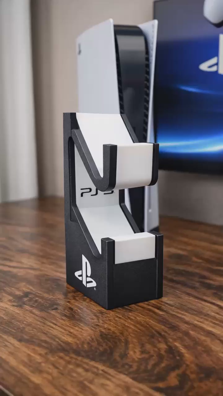 Vertical Stand for 2 PS5 DualSense Controllers | Desk Organizer Gaming Setup | Premium Textured Black Holder with PS Logo